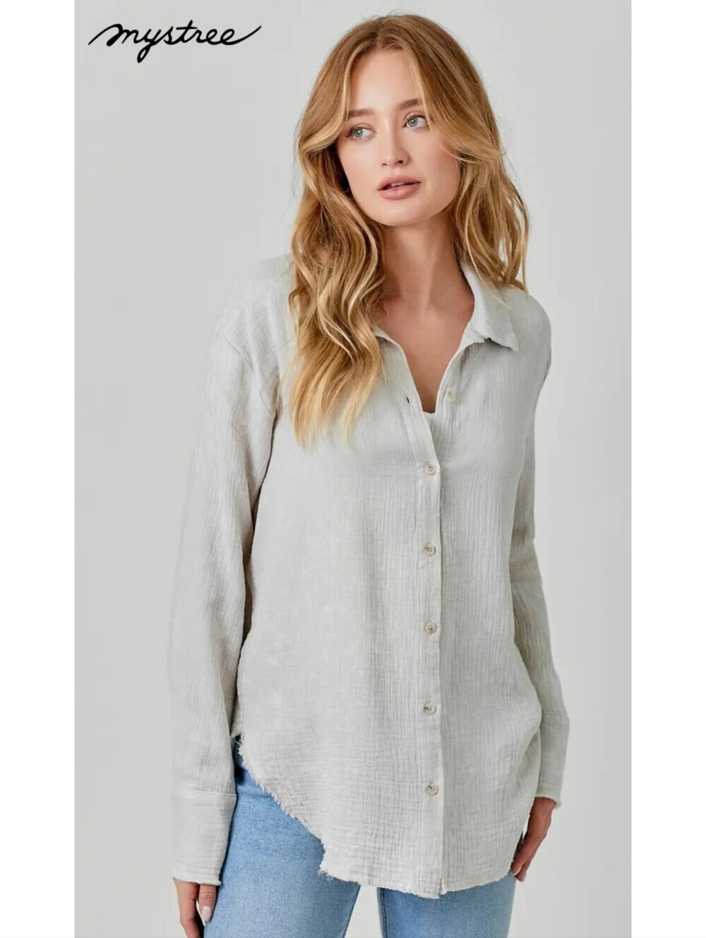 Mystree▪️100% Cotton Gauze Button-Down Relaxed Fit Shirt Collared Raw Hem Top